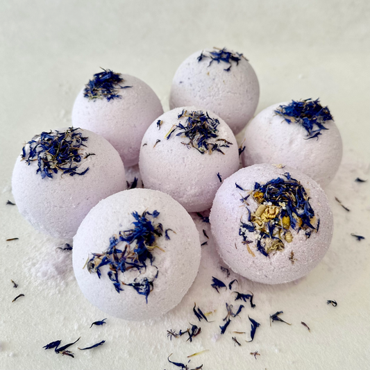 Lavender Chamomile handmade botanical bath bombs: A trio of soothing bath fizzies with dried lavender and chamomile petals.