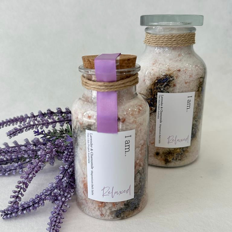 Artisan Lavender Chamomile Botanical Bath Salts: A Soothing Blend of Natural Relaxation. Immerse Yourself in Tranquility with Calming Lavender and Gentle Chamomile Infusion.