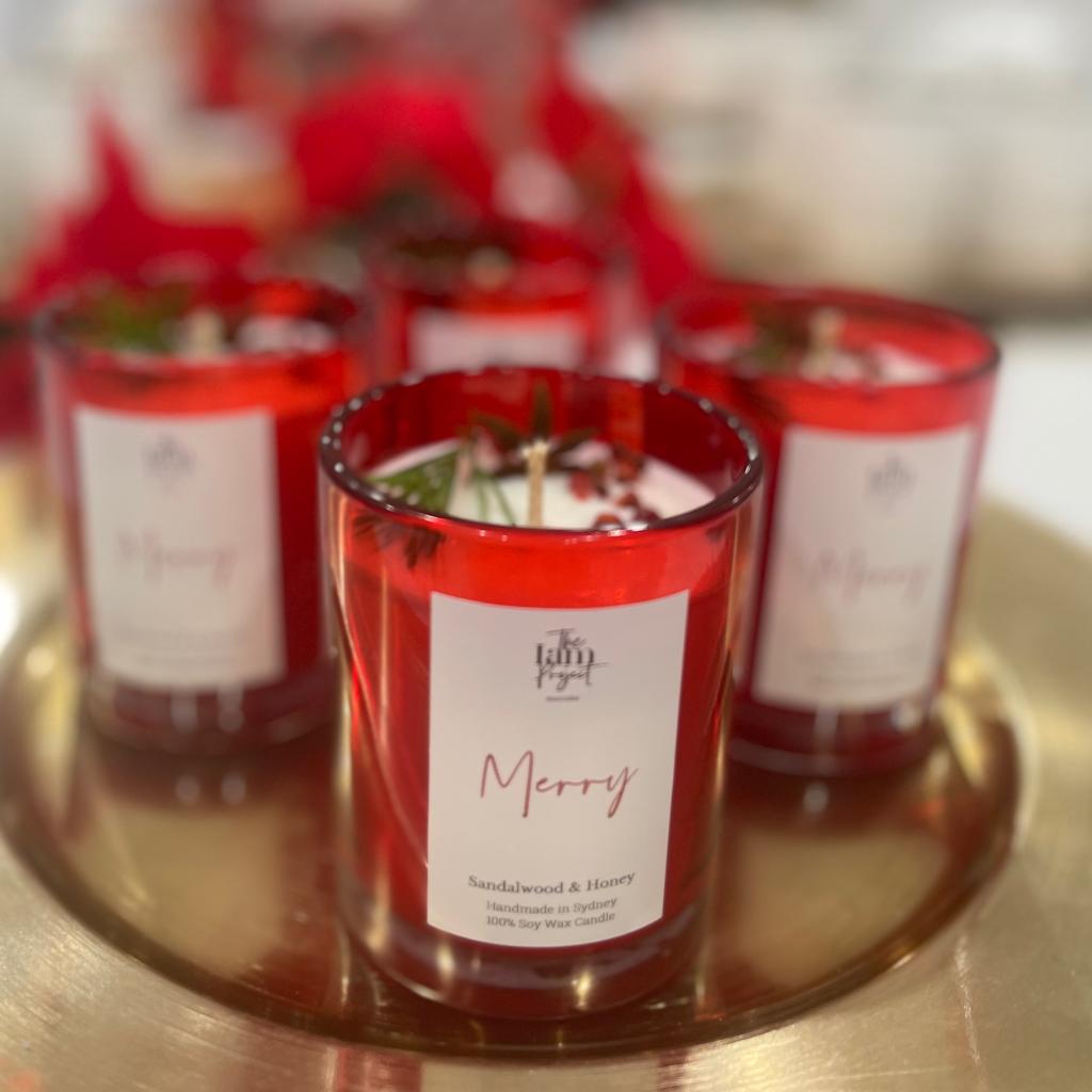 Christmas Red Soy Wax Candle - Sandalwood and Honey Scent - Festive Holiday Home Decor